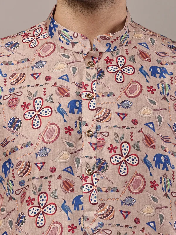 Beige_Printed_Kurta_with_Cream_Pyjama_&_Multicolor_Ethnic_Motifs_For_Men