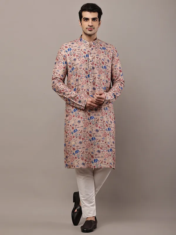 Beige_Printed_Kurta_with_Cream_Pyjama_&_Multicolor_Ethnic_Motifs_For_Men
