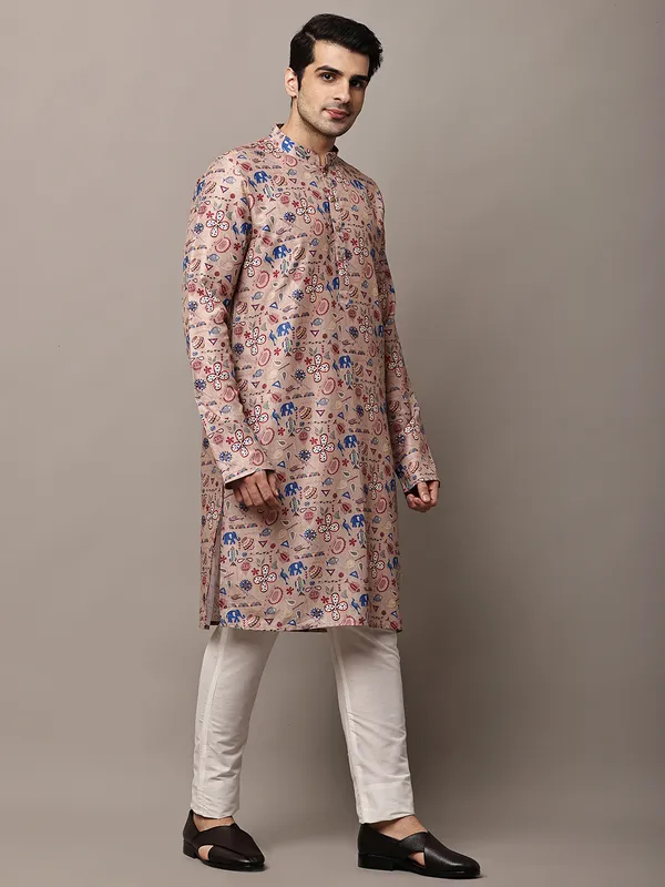 Beige_Printed_Kurta_with_Cream_Pyjama_&_Multicolor_Ethnic_Motifs_For_Men