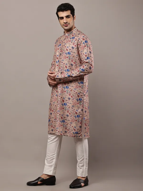 Beige_Printed_Kurta_with_Cream_Pyjama_&_Multicolor_Ethnic_Motifs_For_Men
