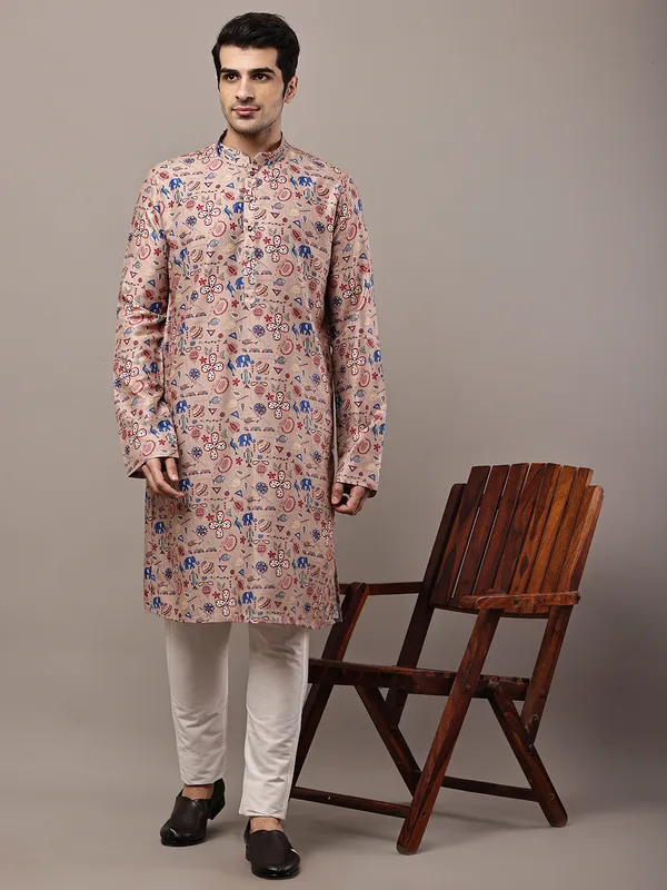 Beige_Printed_Kurta_with_Cream_Pyjama_&_Multicolor_Ethnic_Motifs_For_Men