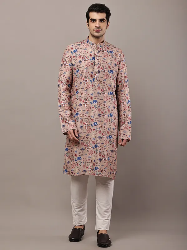 Beige_Printed_Kurta_with_Cream_Pyjama_&_Multicolor_Ethnic_Motifs_For_Men