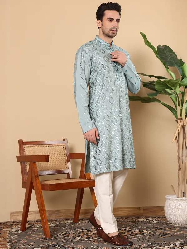 Blue_Straight_Viscose_Silk_Embroidered_Neckline_And_Motifs_Kurta_For_Men
