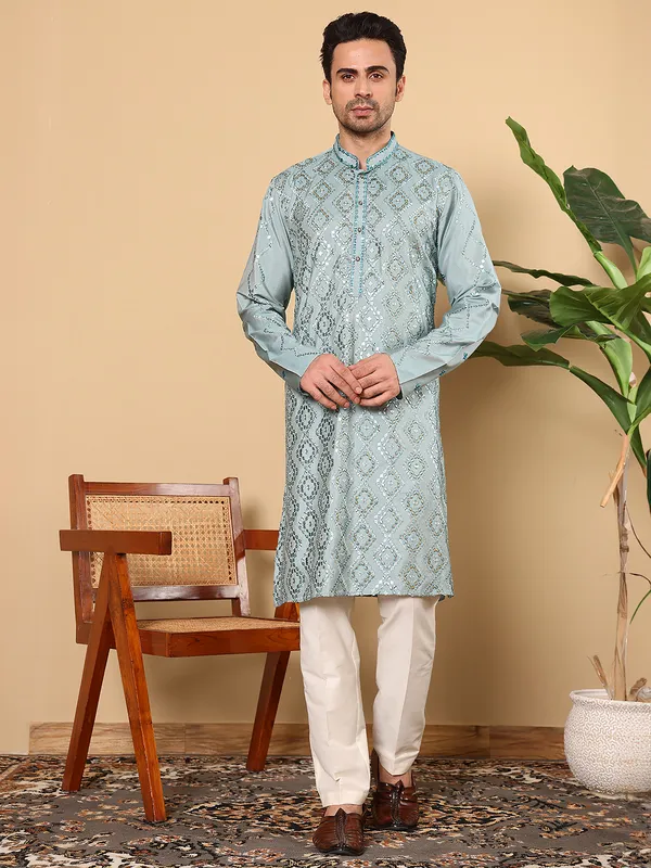 Blue_Straight_Viscose_Silk_Embroidered_Neckline_And_Motifs_Kurta_For_Men