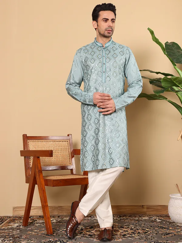 Blue_Straight_Viscose_Silk_Embroidered_Neckline_And_Motifs_Kurta_For_Men
