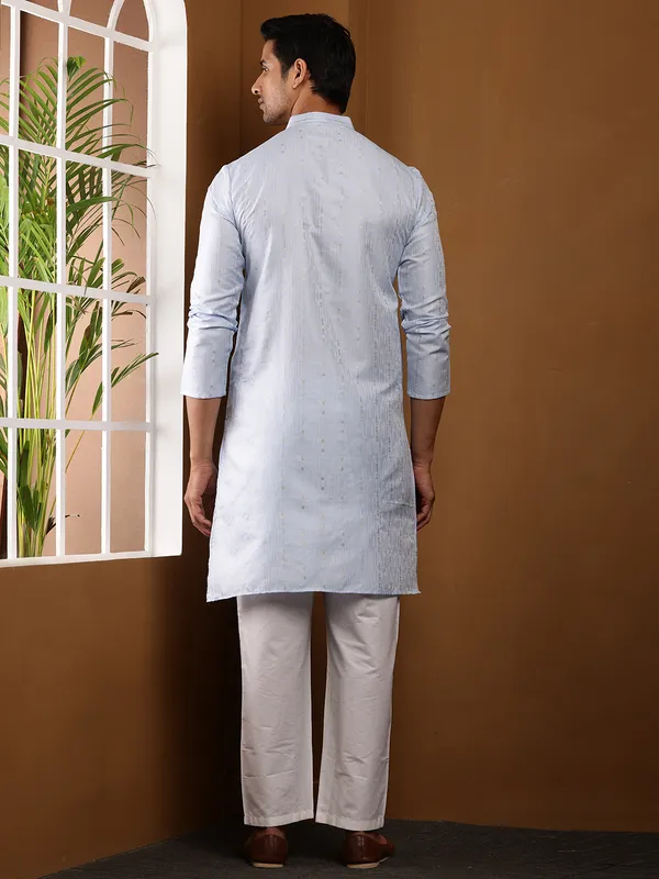 Light_Blue_Viscose_Blend_Textured_Pattern_Kurta_For_Men