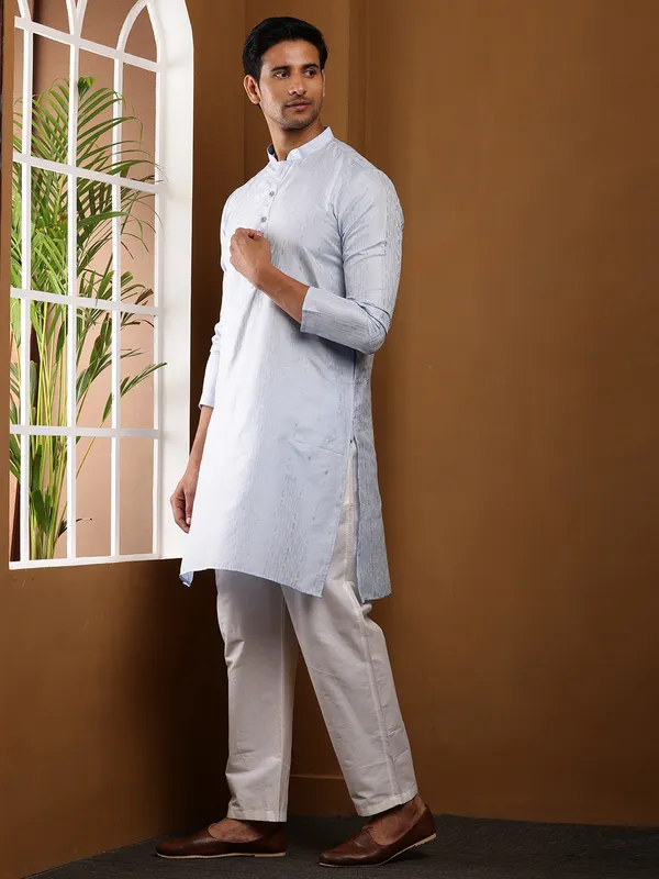 Light_Blue_Viscose_Blend_Textured_Pattern_Kurta_For_Men