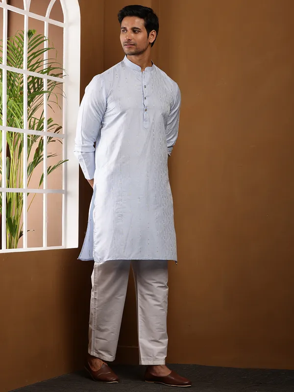 Light_Blue_Viscose_Blend_Textured_Pattern_Kurta_For_Men