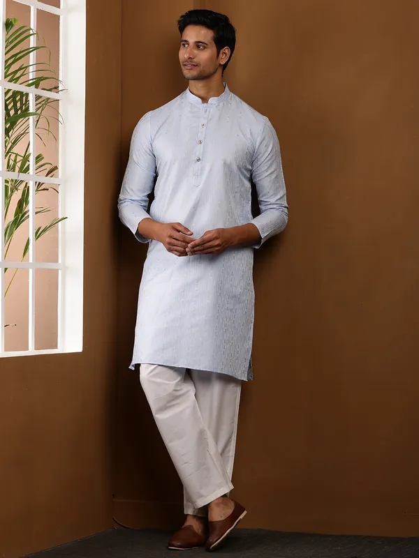 Light_Blue_Viscose_Blend_Textured_Pattern_Kurta_For_Men