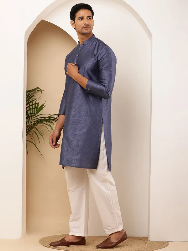 Slate_Blue_Viscose_Blend_Textured_Finish_Kurta_For_Men