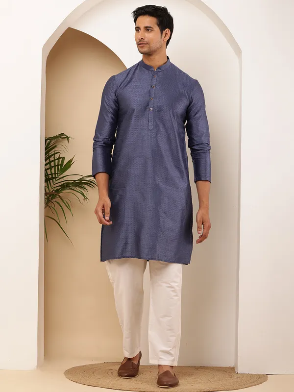 Slate_Blue_Viscose_Blend_Textured_Finish_Kurta_For_Men