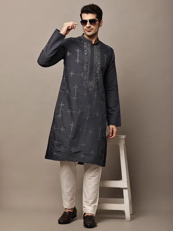 Dark_Grey_Embroidered_Kurta_Set_with_Cream_Pajama_For_Men