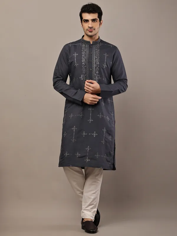Dark_Grey_Embroidered_Kurta_Set_with_Cream_Pajama_For_Men