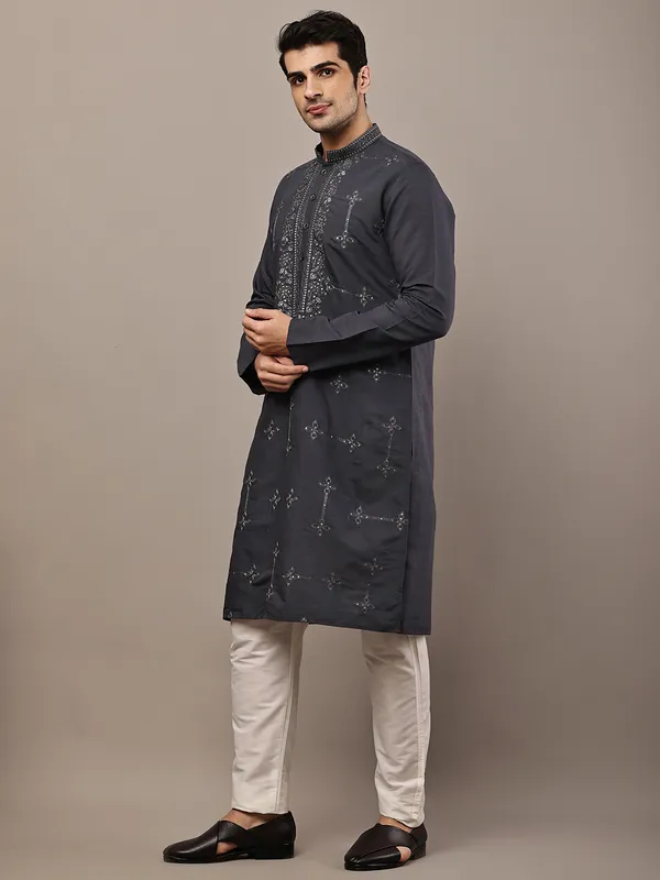 Dark_Grey_Embroidered_Kurta_Set_with_Cream_Pajama_For_Men