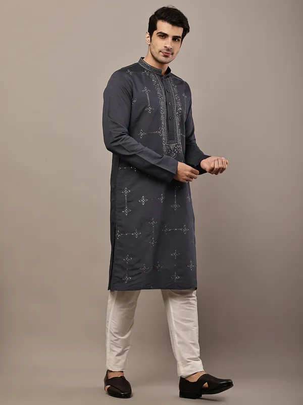 Dark_Grey_Embroidered_Kurta_Set_with_Cream_Pajama_For_Men