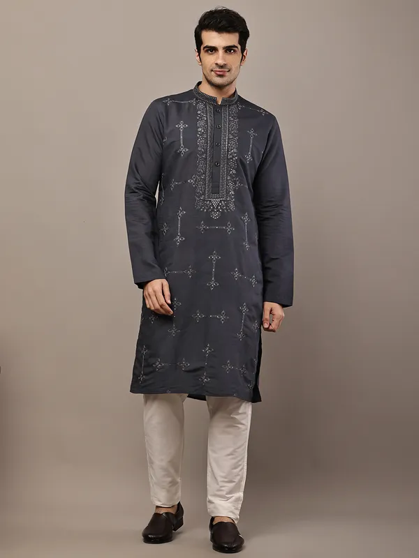 Dark_Grey_Embroidered_Kurta_Set_with_Cream_Pajama_For_Men