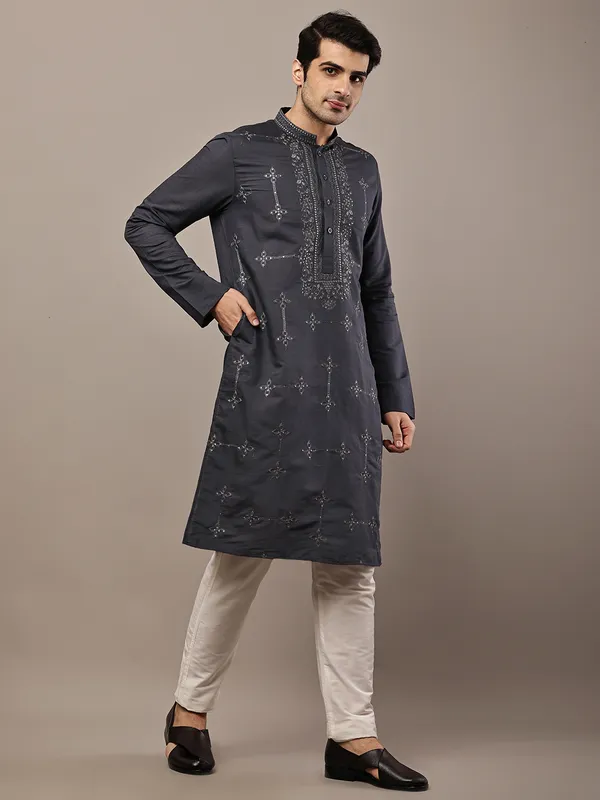 Dark_Grey_Embroidered_Kurta_Set_with_Cream_Pajama_For_Men