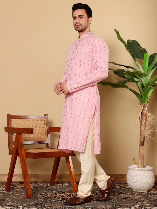 Pink_Straight_Cotton_Elegant_Embroidery_Kurta_For_Men