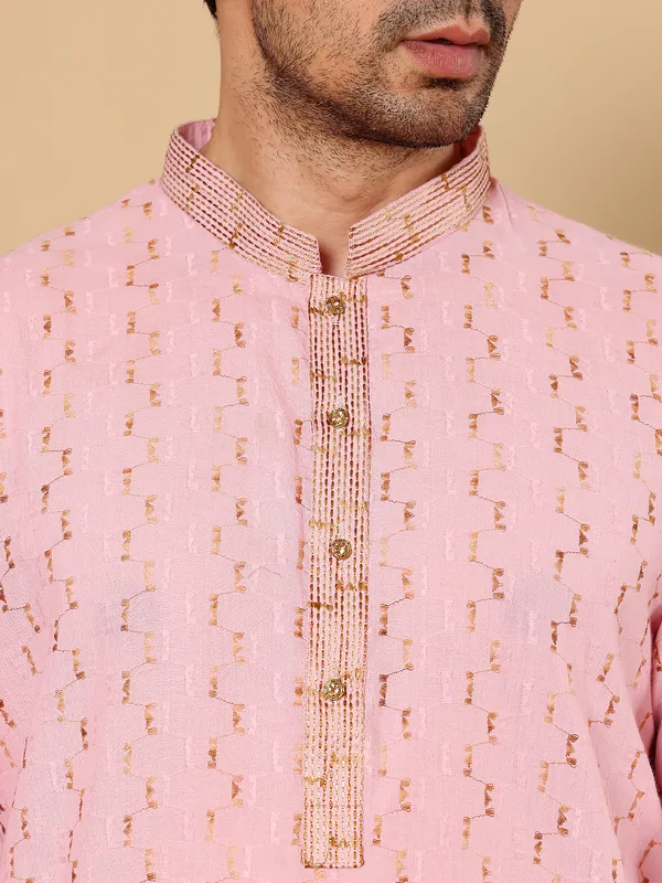 Pink_Straight_Cotton_Elegant_Embroidery_Kurta_For_Men