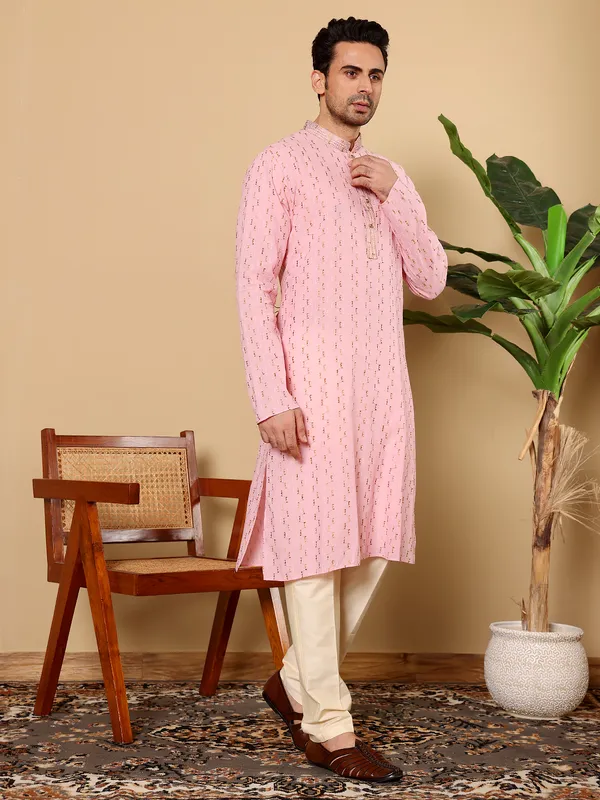 Pink_Straight_Cotton_Elegant_Embroidery_Kurta_For_Men