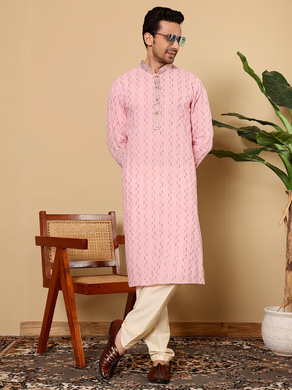 Pink_Straight_Cotton_Elegant_Embroidery_Kurta_For_Men