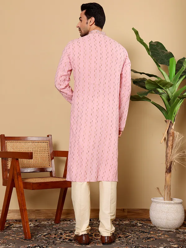 Pink_Straight_Cotton_Elegant_Embroidery_Kurta_For_Men