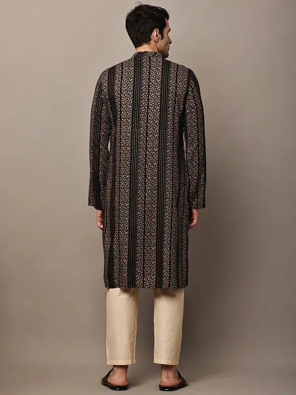 Black_Textured_Threadwork_Kurta_with_Traditional_Off-White_Viscose_Pyjama_For_Men