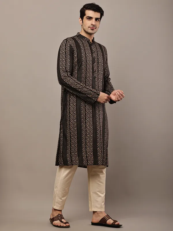 Black_Textured_Threadwork_Kurta_with_Traditional_Off-White_Viscose_Pyjama_For_Men