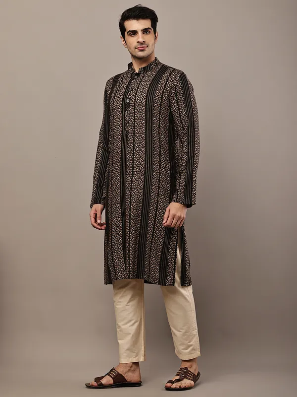Black_Textured_Threadwork_Kurta_with_Traditional_Off-White_Viscose_Pyjama_For_Men