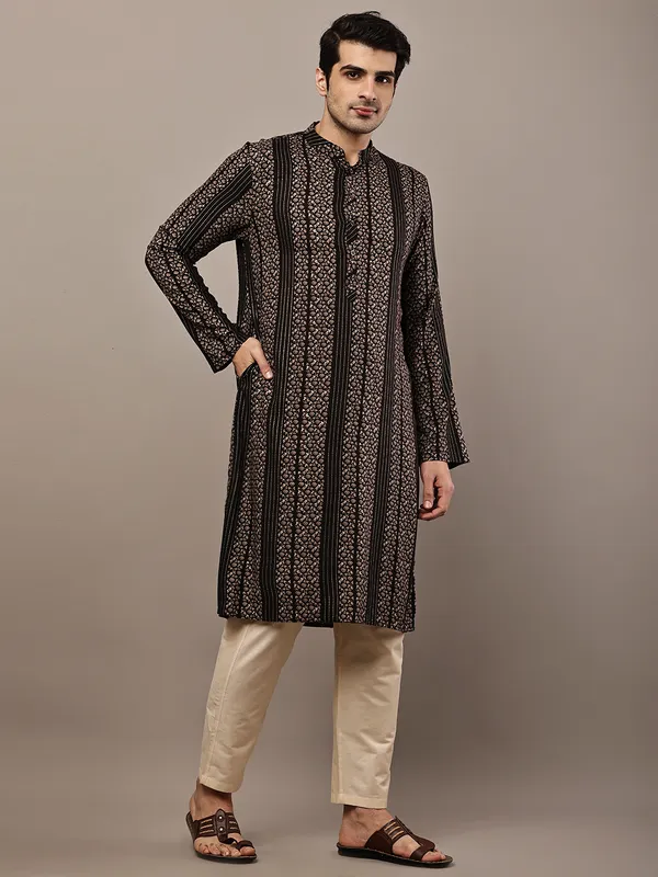 Black_Textured_Threadwork_Kurta_with_Traditional_Off-White_Viscose_Pyjama_For_Men