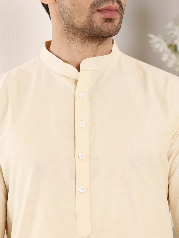 Cream_Straight_Viscose_Silk_Slub_Effect_Kurta_For_Men