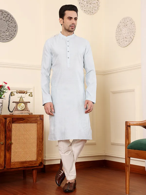 Light_Blue_Straight_Viscose_Silk_Textured_Effect_Kurta_For_Men