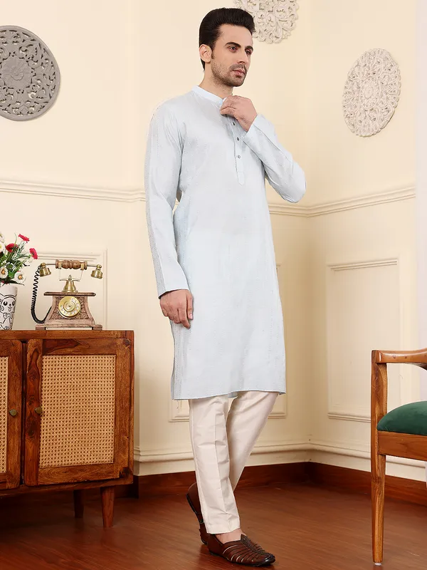 Light_Blue_Straight_Viscose_Silk_Textured_Effect_Kurta_For_Men