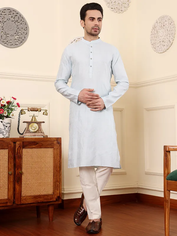 Light_Blue_Straight_Viscose_Silk_Textured_Effect_Kurta_For_Men
