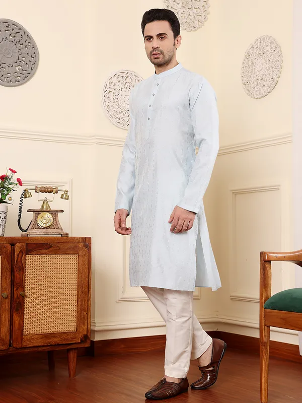 Light_Blue_Straight_Viscose_Silk_Textured_Effect_Kurta_For_Men
