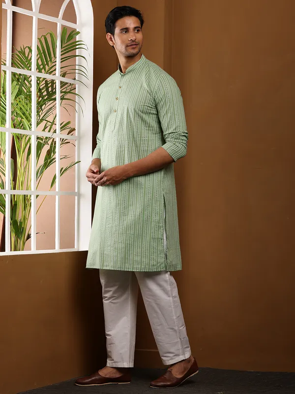 Light_Green_Printed_Viscose_Blend_Long_For_Festive_Wear_Kurta_For_Men