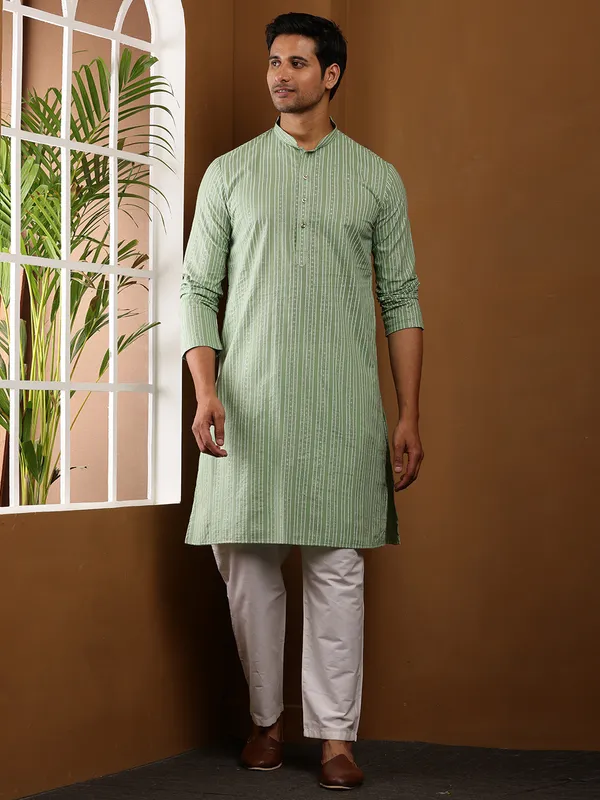 Light_Green_Printed_Viscose_Blend_Long_For_Festive_Wear_Kurta_For_Men
