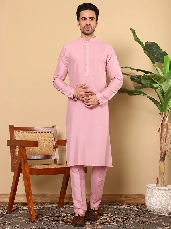 Pink_Straight_Viscose_Silk_Slub_Effect_Kurta_For_Men