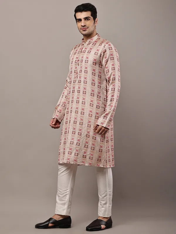 Beige_Printed_Kurta_with_Cream_Pyjama_&_Traditional_Geometric_Motifs_For_Men