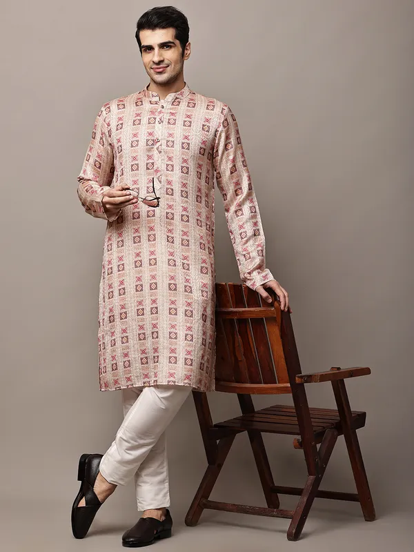Beige_Printed_Kurta_with_Cream_Pyjama_&_Traditional_Geometric_Motifs_For_Men