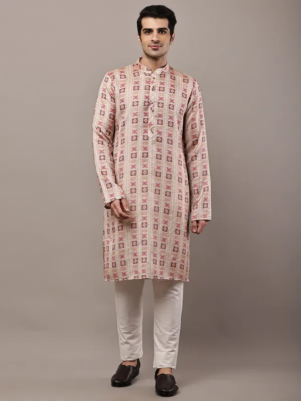 Beige_Printed_Kurta_with_Cream_Pyjama_&_Traditional_Geometric_Motifs_For_Men