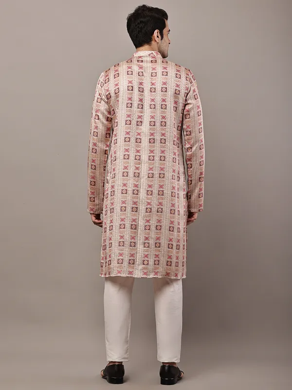 Beige_Printed_Kurta_with_Cream_Pyjama_&_Traditional_Geometric_Motifs_For_Men
