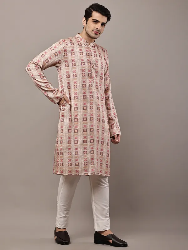 Beige_Printed_Kurta_with_Cream_Pyjama_&_Traditional_Geometric_Motifs_For_Men