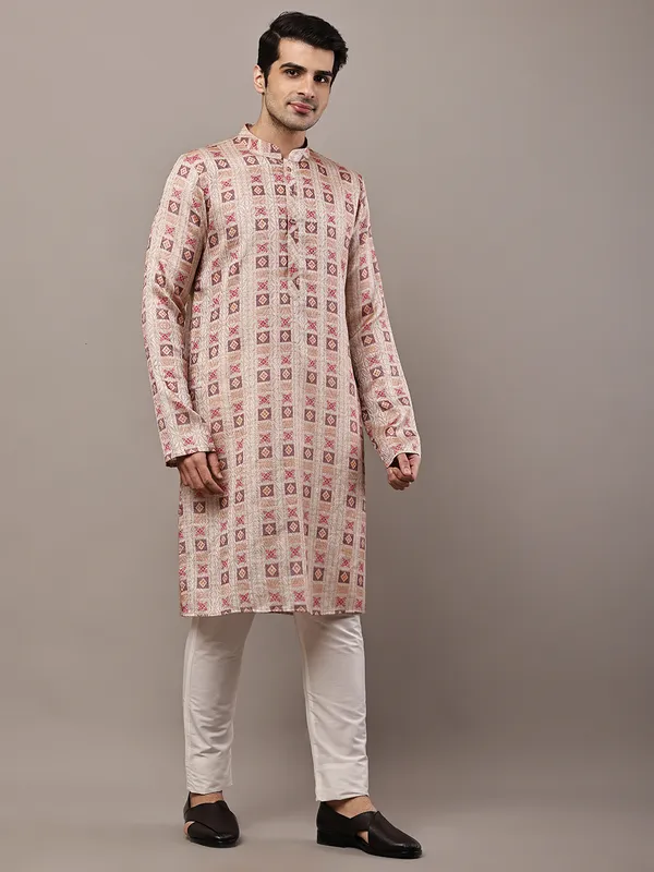 Beige_Printed_Kurta_with_Cream_Pyjama_&_Traditional_Geometric_Motifs_For_Men