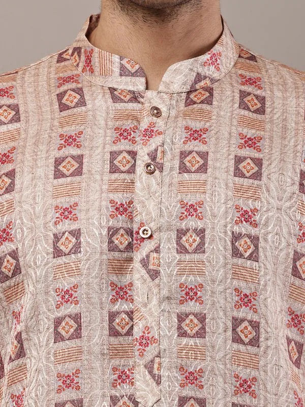 Beige_Printed_Kurta_with_Cream_Pyjama_&_Traditional_Geometric_Motifs_For_Men