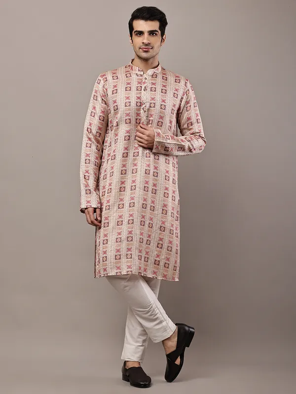 Beige_Printed_Kurta_with_Cream_Pyjama_&_Traditional_Geometric_Motifs_For_Men