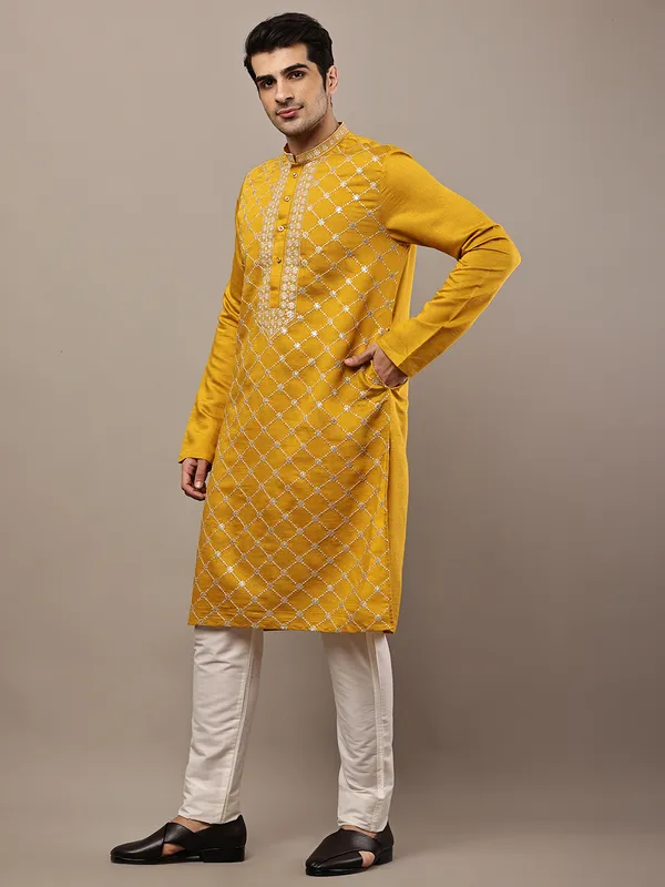 Mustard_Yellow_Embroidered_Kurta_Set_with_Cream_Pajama_For_Men