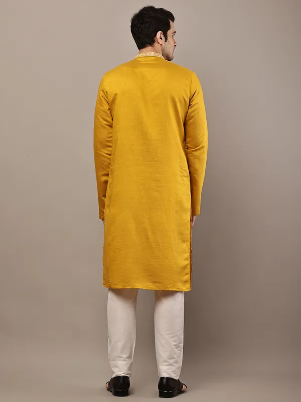 Mustard_Yellow_Embroidered_Kurta_Set_with_Cream_Pajama_For_Men