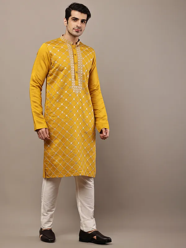 Mustard_Yellow_Embroidered_Kurta_Set_with_Cream_Pajama_For_Men