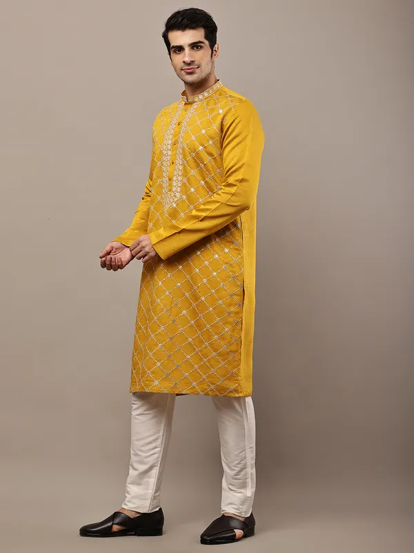 Mustard_Yellow_Embroidered_Kurta_Set_with_Cream_Pajama_For_Men